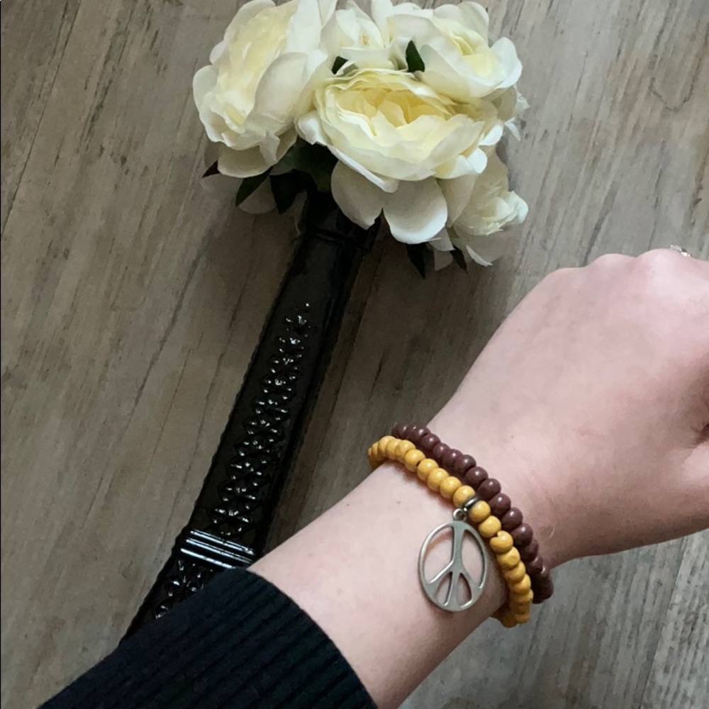 gold and brown peace elastic bracelet (set of 2)